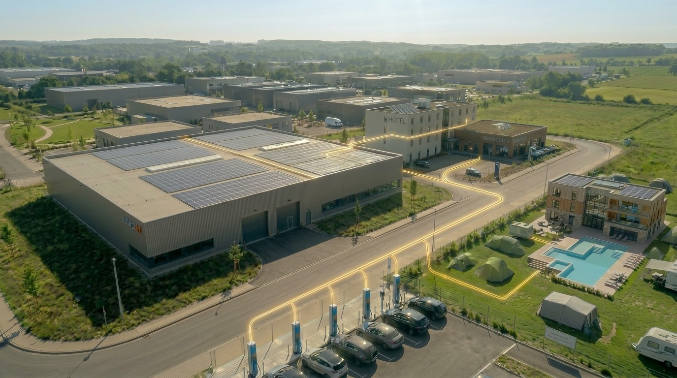 Aerial view of a business park: solar panels on a warehouse roof share energy with fast chargers, a hotel and neighbouring buildings
